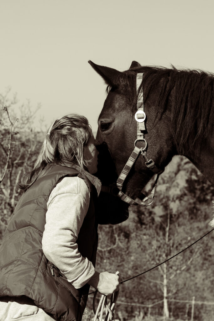 Kobolka a kůň si dávají hlavy k sobě, venkovní prostředí, přátelská interakce se zvířaty.